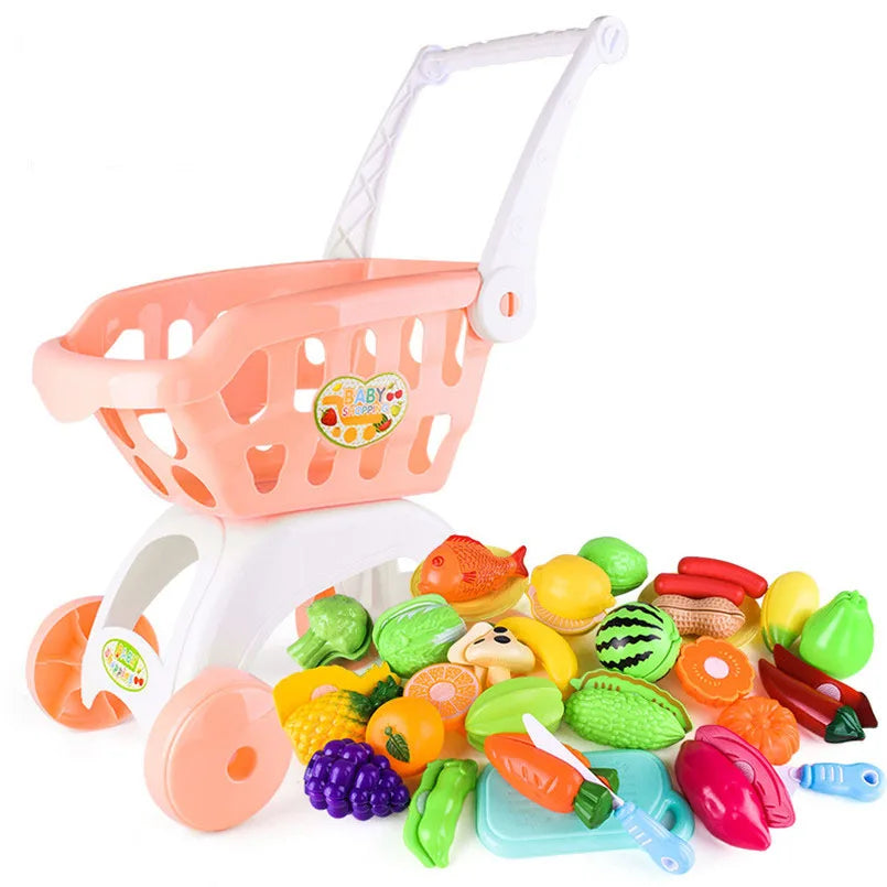 28Pcs/Set Kids Large Supermarket Shopping Cart Trolley Push Car Toys Basket Simulation Fruit Food Pretend Play House Girls Toy