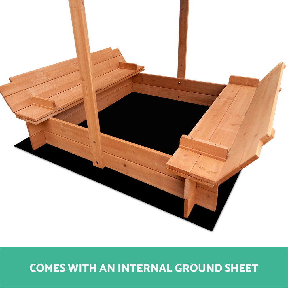 Kids Sandpit Wooden Sandbox Sand Pit with Canopy Foldable Seat Toys 120cm