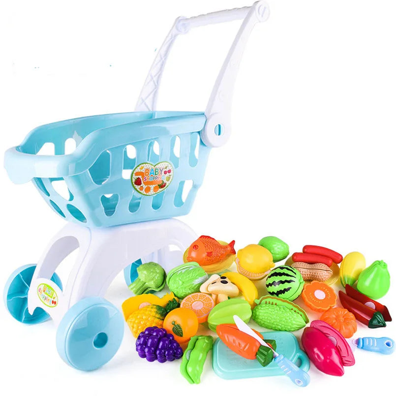 28Pcs/Set Kids Large Supermarket Shopping Cart Trolley Push Car Toys Basket Simulation Fruit Food Pretend Play House Girls Toy