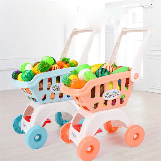28Pcs/Set Kids Large Supermarket Shopping Cart Trolley Push Car Toys Basket Simulation Fruit Food Pretend Play House Girls Toy