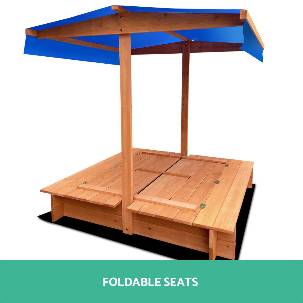 Kids Sandpit Wooden Sandbox Sand Pit with Canopy Foldable Seat Toys 120cm